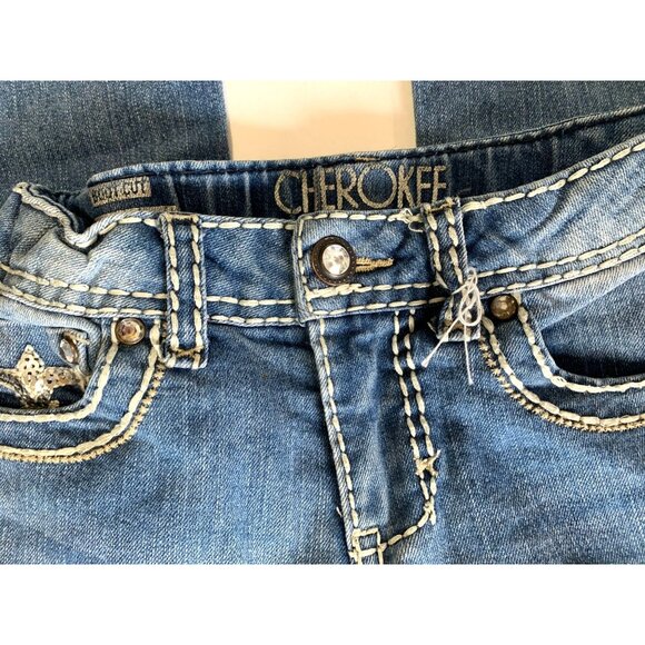 Y2k Cherokee Girls 6 thick White Stitching Bootcut Jeans Sequin Embelllished Poc - Picture 3 of 4